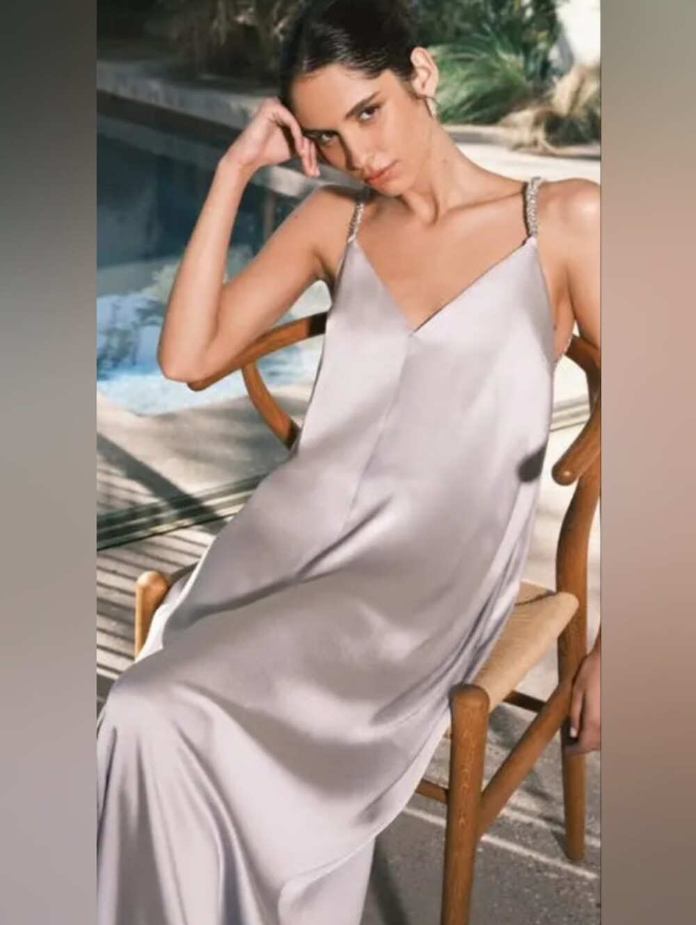 Significant Other Elegant Silver Satin Maxi Dress with Embellished Straps NWOT